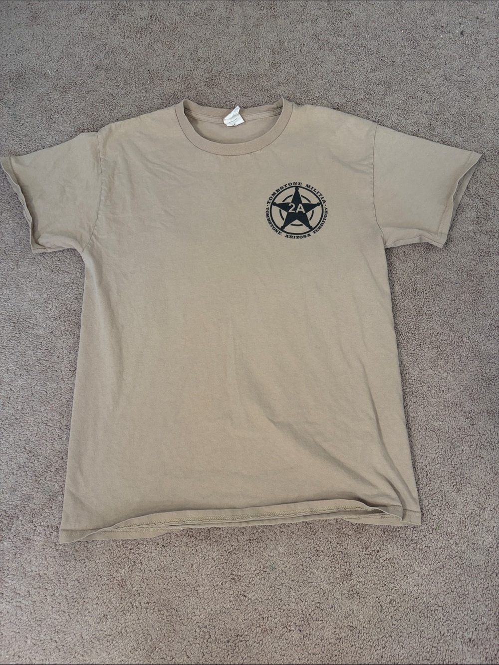 Hanes Tan Short-Sleeve Crewneck T-Shirt with Small Black Chest Graphic